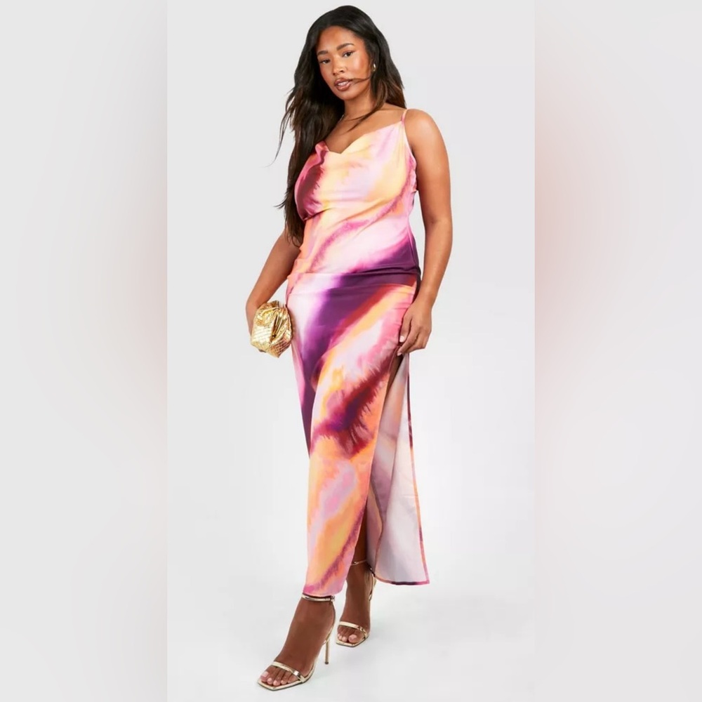 BOOHOO WOMEN’S PLUS OMBRE SATIN COWL NECK SPLIT MIDI SIP DRESS Purple Pink US 14